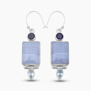Blue Lace Agate Silver Designer Earrings
