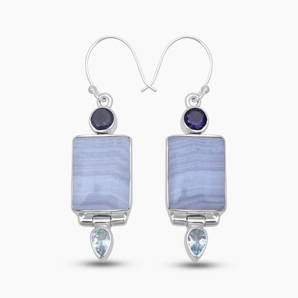 Blue Lace Agate Silver Designer Earrings