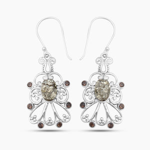 Pyrite Druzy & Smoky Quartz Silver Earrings