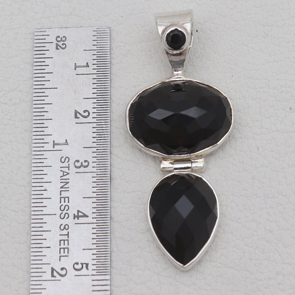 Checker Cut Black Onyx Silver Pendants