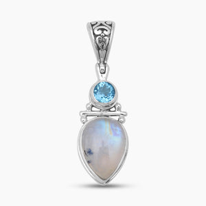 Rainbow Moonstone & Blue Topaz Silver Pendants