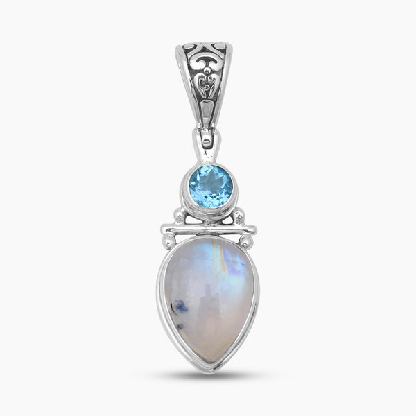 Rainbow Moonstone & Blue Topaz Silver Pendants
