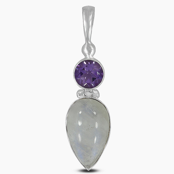 Rainbow Moonstone & Amethyst Silver Pendants