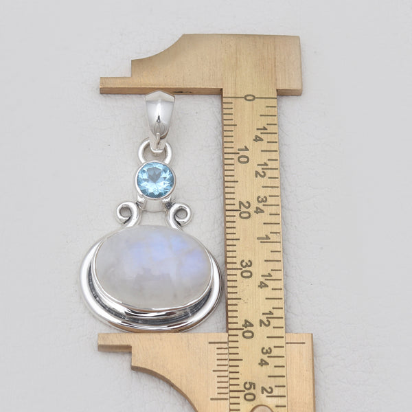 Rainbow Moonstone & Blue Topaz Silver Pendants