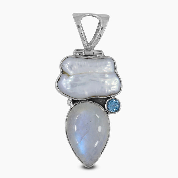Pearl & Rainbow Moonstone Silver Pendants