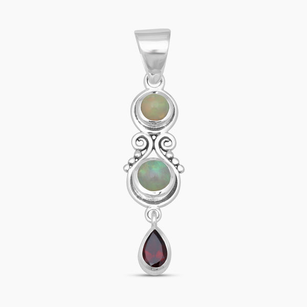 Ethiopian Opal & Garnet Silver Drop Pendants