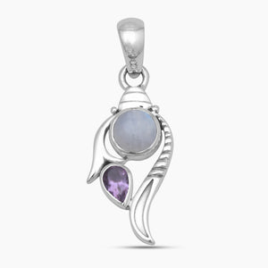 Rainbow Moonstone & Amethyst Silver Pendant