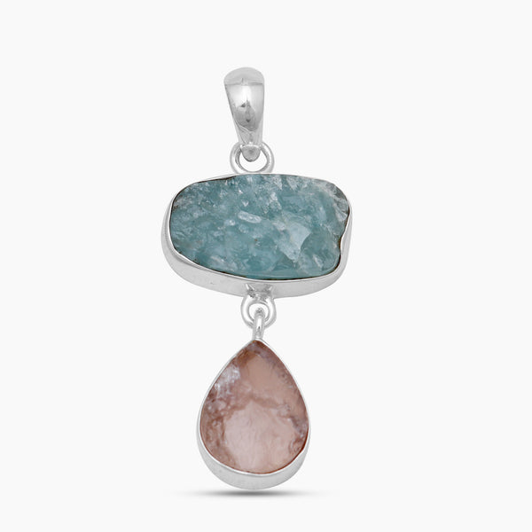 Raw Aquamarine & Rose Quartz Silver Pendants
