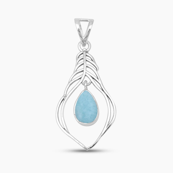 Larimar Drop Silver Feather Pendants