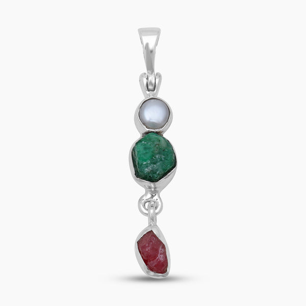 Natural Pearl, Emerald & Ruby Silver Pendants