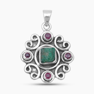 Raw Emerald & Ruby Silver Pendant