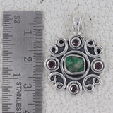 Raw Emerald With Ruby Silver Pendant