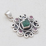 Raw Emerald & Ruby Silver Pendant