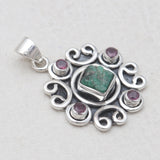 Raw Emerald & Ruby Silver Pendant