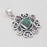 Raw Emerald & Ruby Silver Pendant