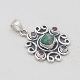 Raw Emerald & Ruby Silver Pendant