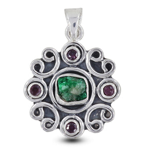 Raw Emerald & Ruby Silver Pendant