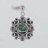 Raw Emerald With Ruby Silver Pendant