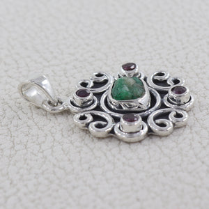Raw Emerald & Ruby Silver Pendant