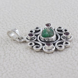 Raw Emerald With Ruby Silver Pendant