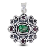 Raw Emerald With Ruby Silver Pendant