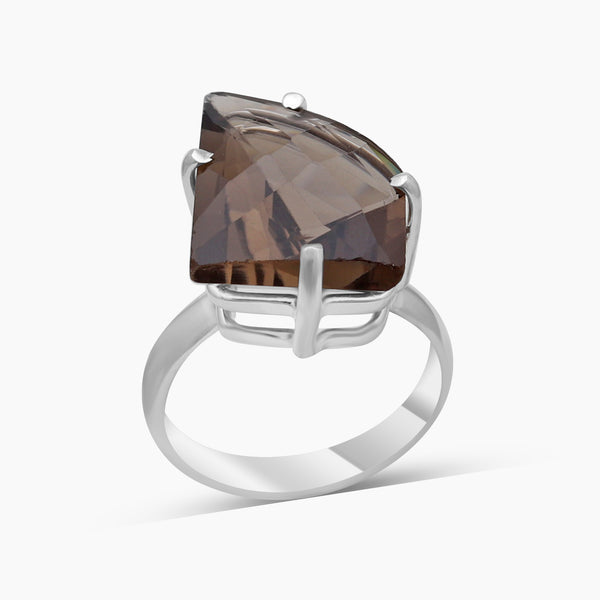 Checker Cut Smoky Quartz Silver Rings