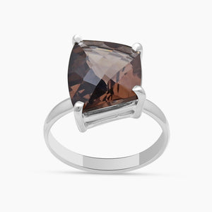 Checker Cut Smoky Quartz Silver Rings