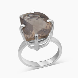 Checker Cut Smoky Quartz Silver Rings