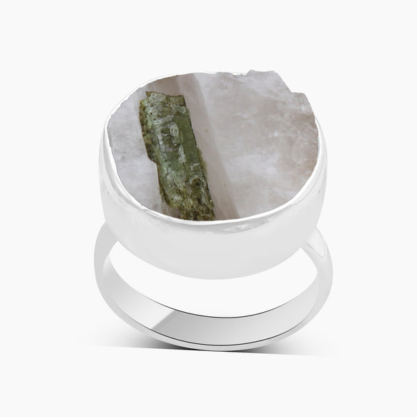 Green Tourmalinated Quartz Silver Rings