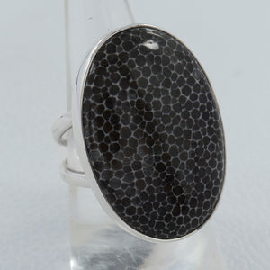 Fossil Black Coral Silver Ring