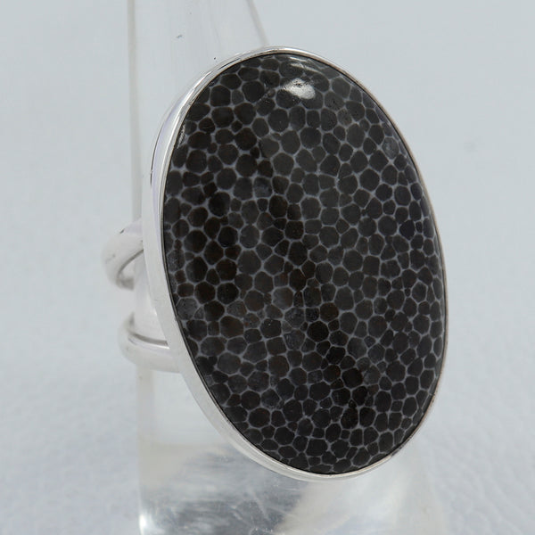 Fossil Black Coral Silver Ring