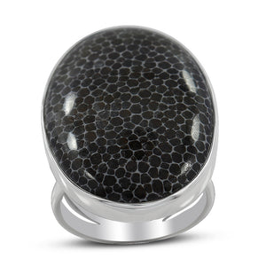 Fossil Black Coral Silver Ring