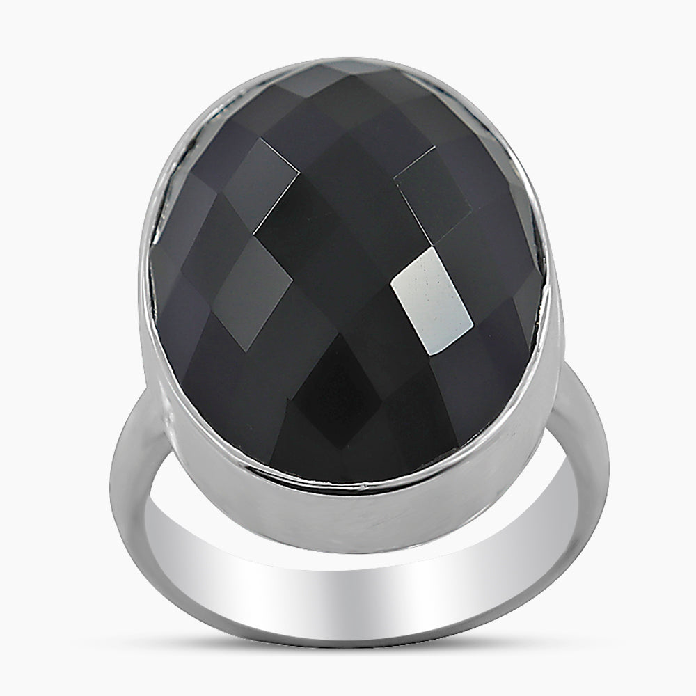Black Onyx Checker Cut Silver Rings