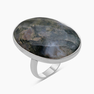 Checker Cut Green Moss Agate Silver Rings