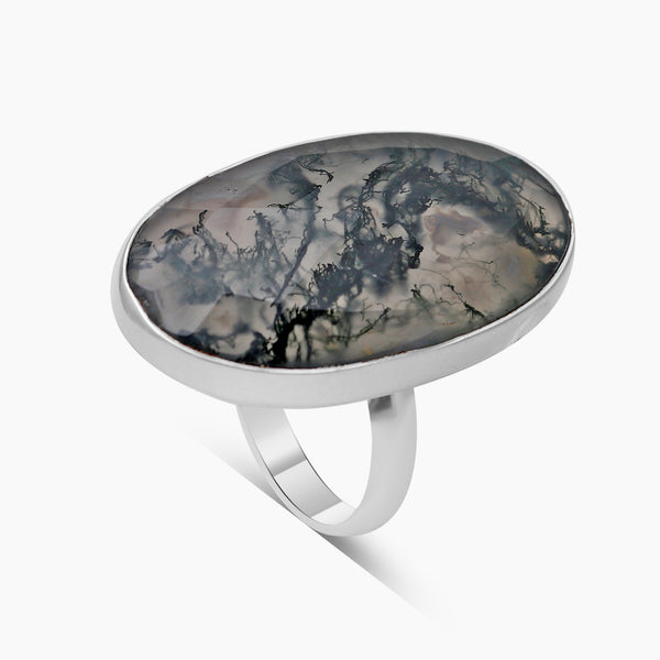 Checker Cut Green Moss Agate Silver Rings