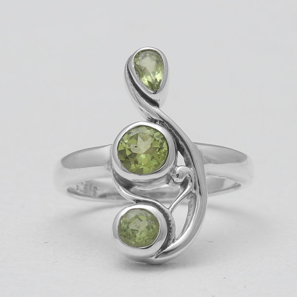 Green Peridot Triple Stone Silver Rings