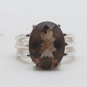 Checker Cut Smoky Quartz Silver Rings