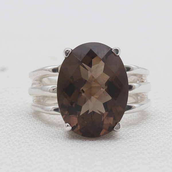 Checker Cut Smoky Quartz Silver Rings