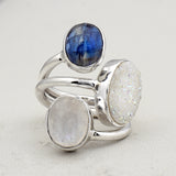 Rainbow Moonstone, Kyanite, Tourmaline Silver Ring