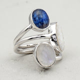 Rainbow Moonstone, Kyanite, Tourmaline Silver Ring