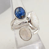 Rainbow Moonstone, Kyanite, Tourmaline Silver Ring