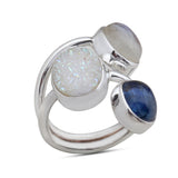 Rainbow Moonstone, Kyanite, Tourmaline Silver Ring