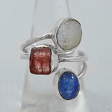 Rainbow Moonstone, Kyanite, Tourmaline Silver Ring