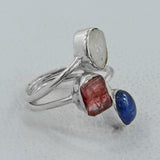 Rainbow Moonstone, Kyanite, Tourmaline Silver Ring