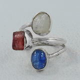 Rainbow Moonstone, Kyanite, Tourmaline Silver Ring