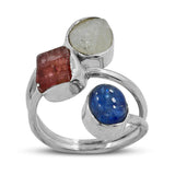 Rainbow Moonstone, Kyanite, Tourmaline Silver Ring