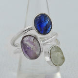 Rainbow Moonstone, Kyanite, Tourmaline Silver Ring