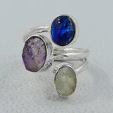 Rainbow Moonstone, Kyanite, Tourmaline Silver Ring