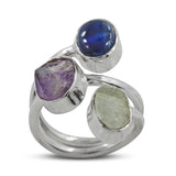 Rainbow Moonstone, Kyanite, Tourmaline Silver Ring