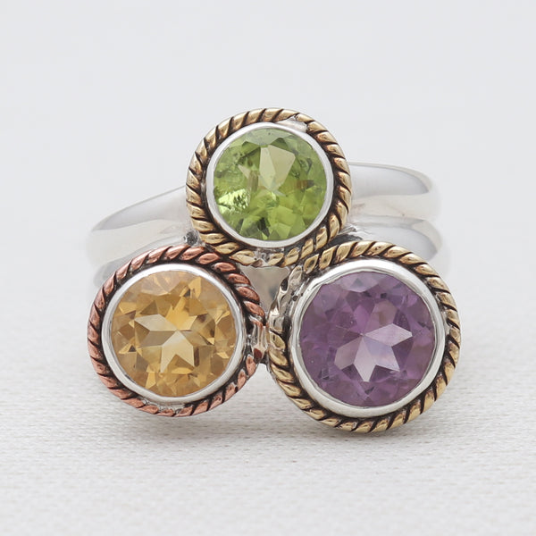 Triple Gemstone Silver Ring – Amethyst, Peridot & Citrine